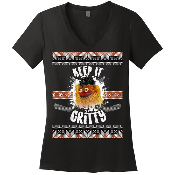 Keep It Gritty Ugly Christmas Sweater Women's V-Neck T-Shirt