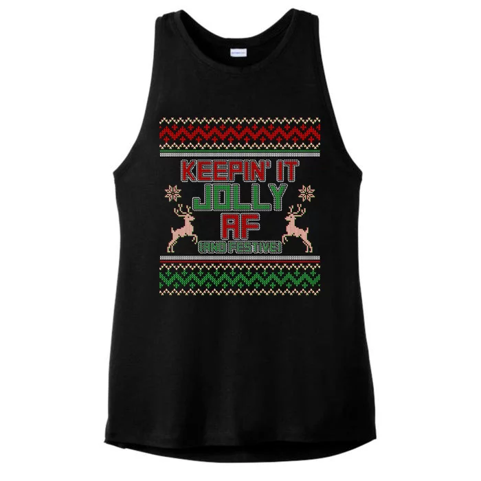 Keepin' It Jolly AF And Festive Ugly Sweater Christmas Ladies Tri-Blend Wicking Tank