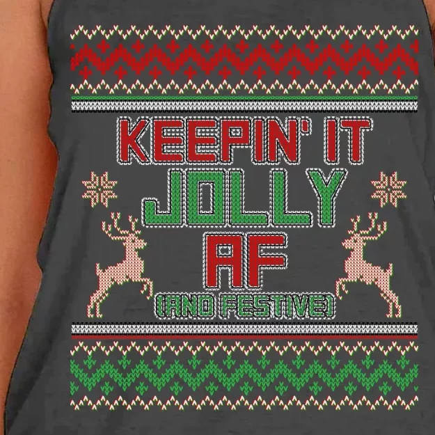 Keepin' It Jolly AF And Festive Ugly Sweater Christmas Women's Knotted Racerback Tank