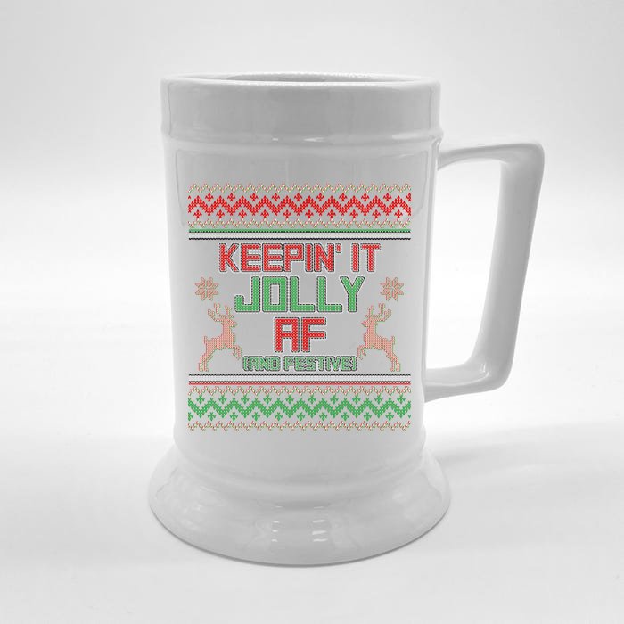 Keepin' It Jolly AF And Festive Ugly Sweater Christmas Front & Back Beer Stein