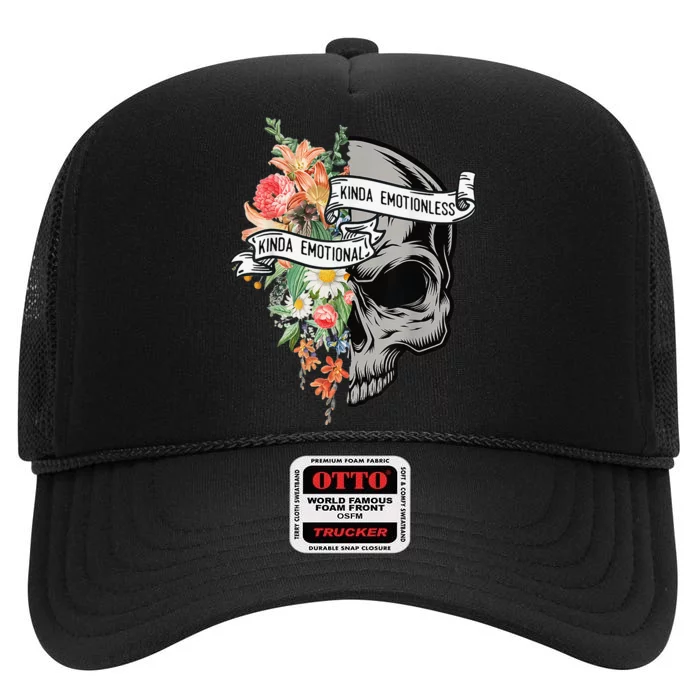 Kinda Emotional Kinda Emotionless Flower Skull Vintage High Crown Mesh Trucker Hat