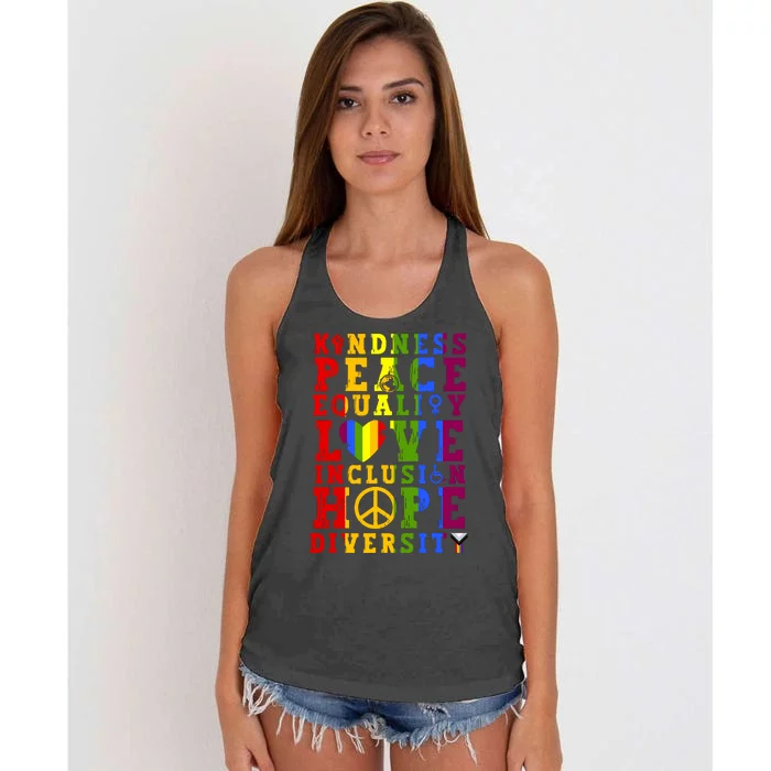 Kindness Equality Love Rainbow Flag Pride Month Women's Knotted Racerback Tank