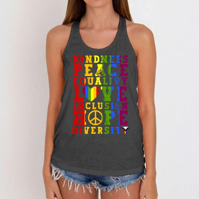 Kindness Equality Love Rainbow Flag Pride Month Women's Knotted Racerback Tank