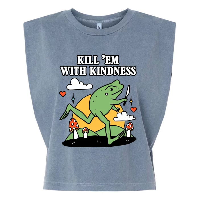 Kill Em With Kindness Retro Funny Frog Garment-Dyed Women's Muscle Tee