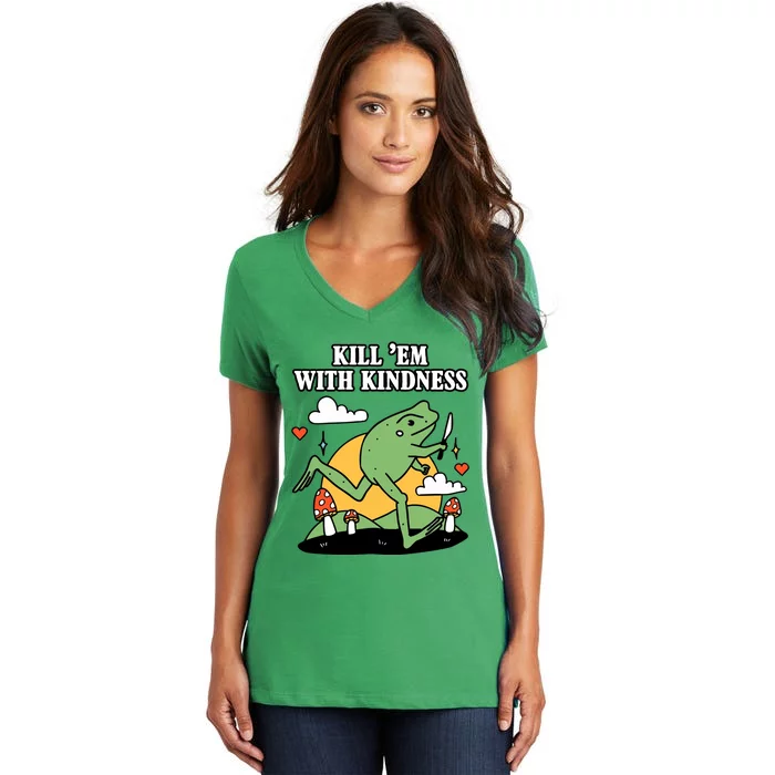 Kill Em With Kindness Retro Funny Frog Women's V-Neck T-Shirt