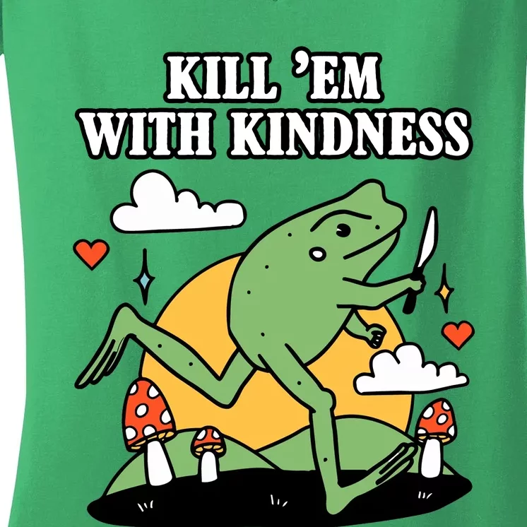 Kill Em With Kindness Retro Funny Frog Women's V-Neck T-Shirt