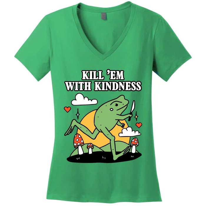 Kill Em With Kindness Retro Funny Frog Women's V-Neck T-Shirt