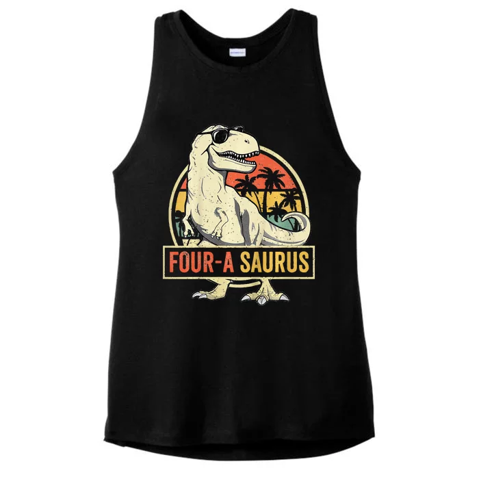 Kids Four A Saurus Birthday T Rex 4 Year Old Dino 4th Dinosaur Ladies Tri-Blend Wicking Tank