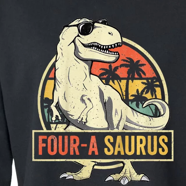 Kids Four A Saurus Birthday T Rex 4 Year Old Dino 4th Dinosaur Cropped Pullover Crew