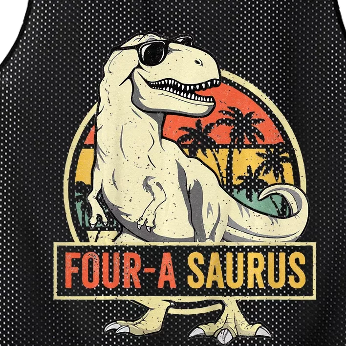 Kids Four A Saurus Birthday T Rex 4 Year Old Dino 4th Dinosaur Mesh Reversible Basketball Jersey Tank