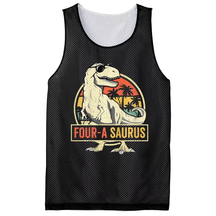 Kids Four A Saurus Birthday T Rex 4 Year Old Dino 4th Dinosaur Mesh Reversible Basketball Jersey Tank