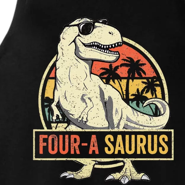 Kids Four A Saurus Birthday T Rex 4 Year Old Dino 4th Dinosaur Ladies Tri-Blend Wicking Tank