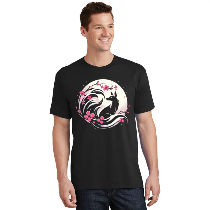 Kitsune Fox Cherry Blossom Flowers Japanese Nine Tailed Fox T-Shirt