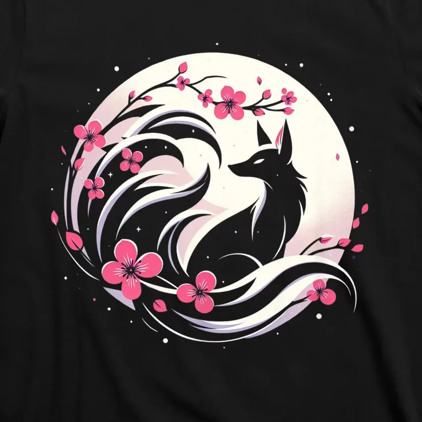 Kitsune Fox Cherry Blossom Flowers Japanese Nine Tailed Fox T-Shirt