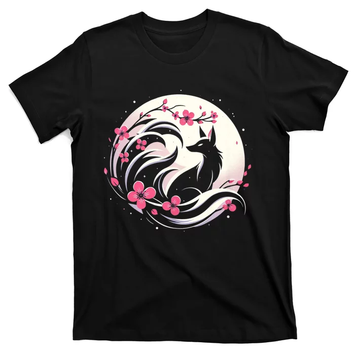 Kitsune Fox Cherry Blossom Flowers Japanese Nine Tailed Fox T-Shirt