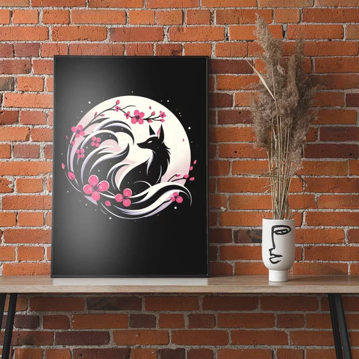 Kitsune Fox Cherry Blossom Flowers Japanese Nine Tailed Fox Poster