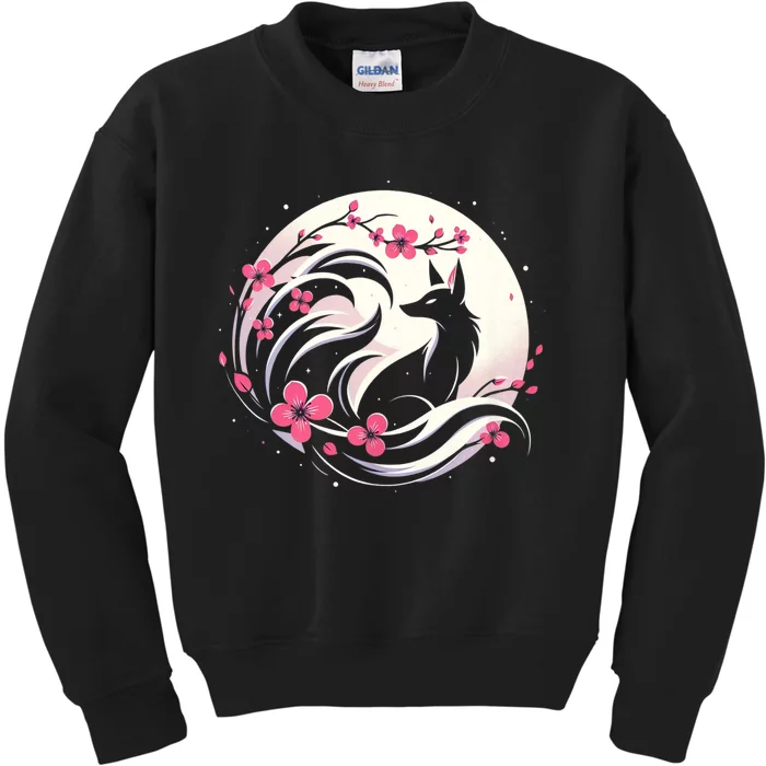 Kitsune Fox Cherry Blossom Flowers Japanese Nine Tailed Fox Kids Sweatshirt