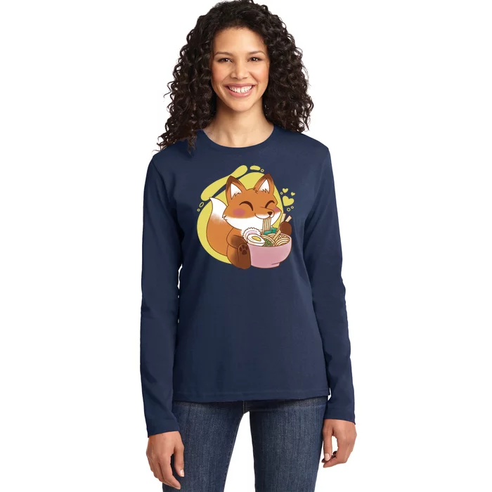 Kawaii Fox Eating Ramen Ladies Long Sleeve Shirt