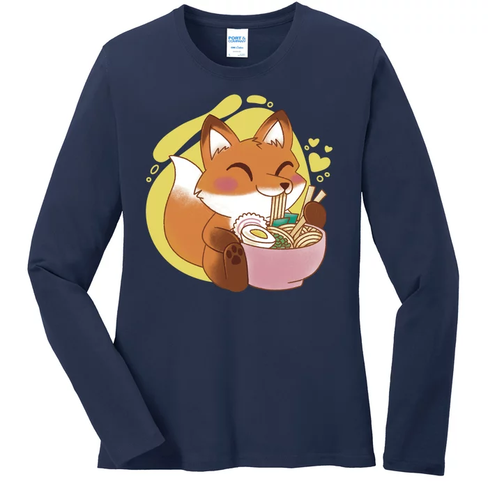 Kawaii Fox Eating Ramen Ladies Long Sleeve Shirt