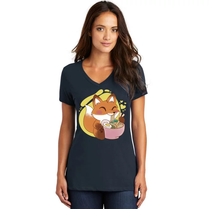 Kawaii Fox Eating Ramen Women's V-Neck T-Shirt