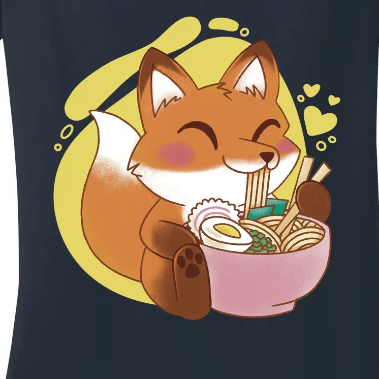 Kawaii Fox Eating Ramen Women's V-Neck T-Shirt