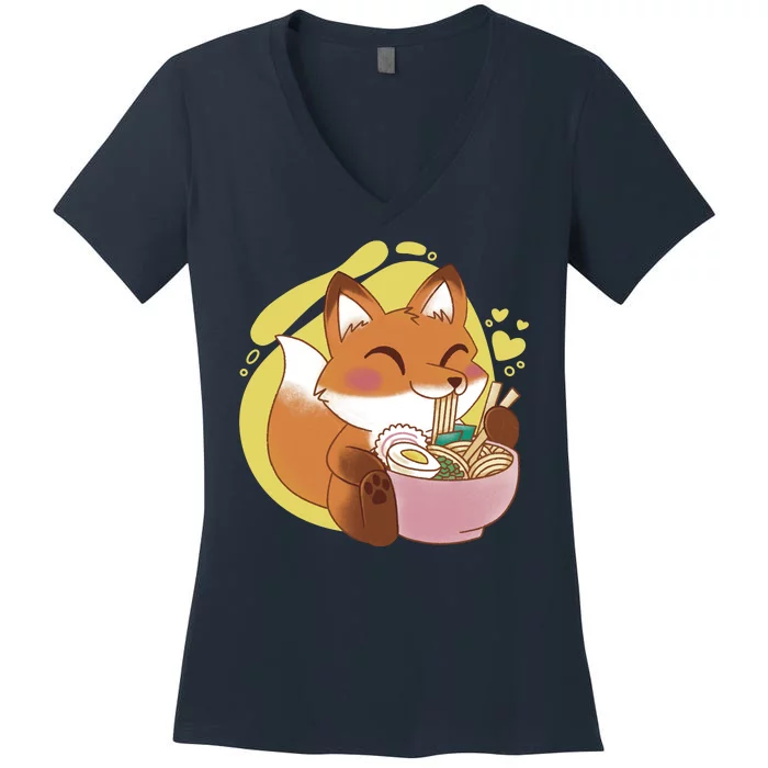 Kawaii Fox Eating Ramen Women's V-Neck T-Shirt