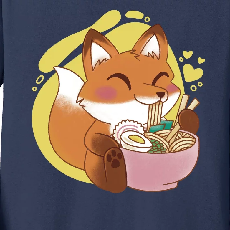 Kawaii Fox Eating Ramen Kids Long Sleeve Shirt