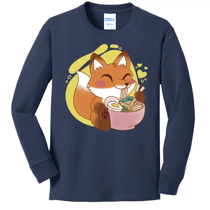 Kawaii Fox Eating Ramen Kids Long Sleeve Shirt