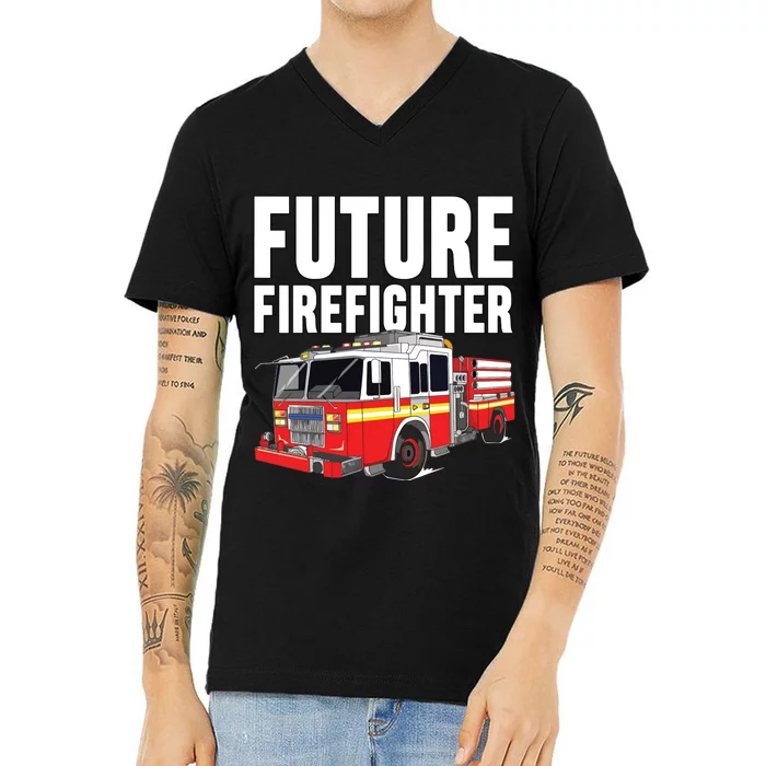 Kids Future Firefighter Fire Truck Theme Birthday Boy V-Neck T-Shirt