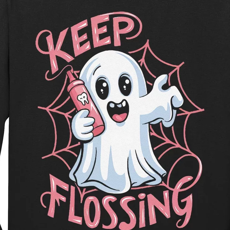 Keep Flossing Ghost Groovy Dental Hygiene Halloween Crew Tall Long Sleeve T-Shirt