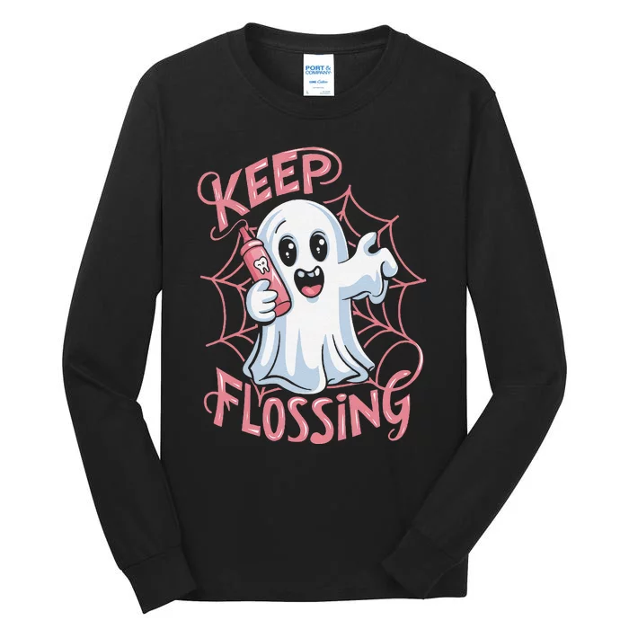 Keep Flossing Ghost Groovy Dental Hygiene Halloween Crew Tall Long Sleeve T-Shirt