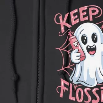 Keep Flossing Ghost Groovy Dental Hygiene Halloween Crew Full Zip Hoodie