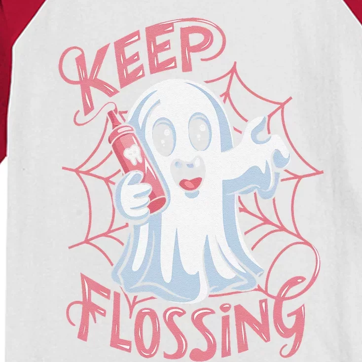 Keep Flossing Ghost Groovy Dental Hygiene Halloween Crew Kids Colorblock Raglan Jersey