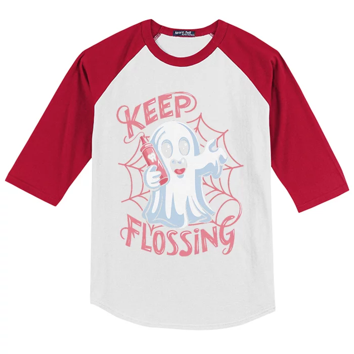 Keep Flossing Ghost Groovy Dental Hygiene Halloween Crew Kids Colorblock Raglan Jersey