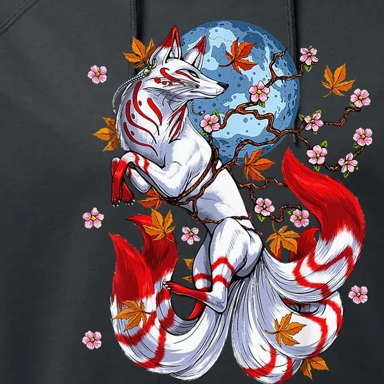 Kitsune Foxs Japanese Nine Tailed Foxs Cherrys Blossom Performance Fleece Hoodie