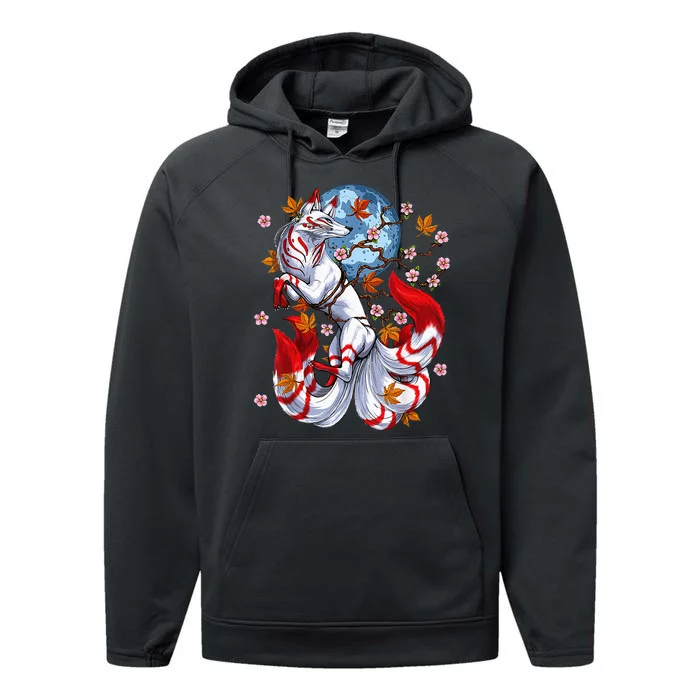 Kitsune Foxs Japanese Nine Tailed Foxs Cherrys Blossom Performance Fleece Hoodie