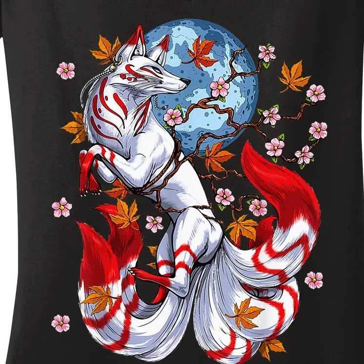 Kitsune Foxs Japanese Nine Tailed Foxs Cherrys Blossom Women's V-Neck T-Shirt