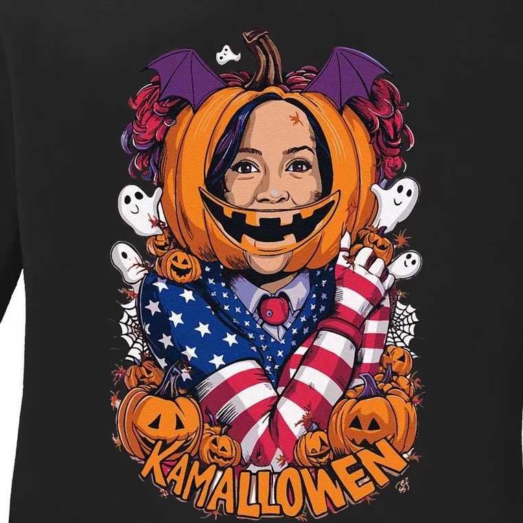 Kamalloween Funny Kamala Harris 2024 Witch Halloween Costume Ladies Long Sleeve Shirt