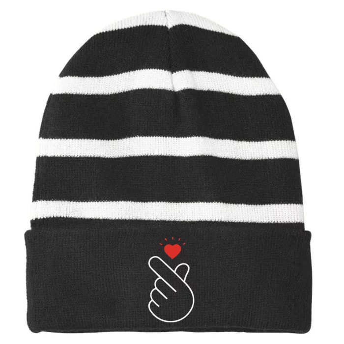 Korean Finger Love Symbol Striped Beanie with Solid Band