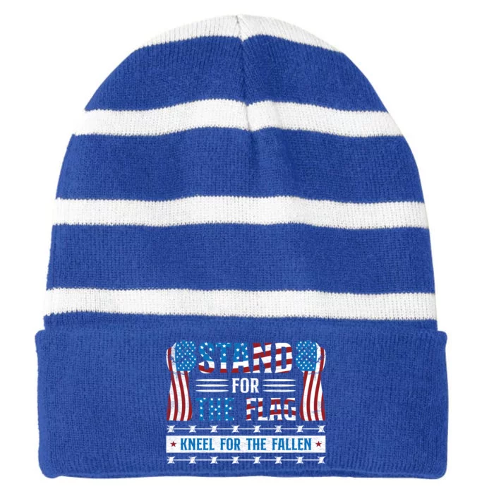 Kneel For The Fallen Patriotic Veterans Day Gift Striped Beanie with Solid Band