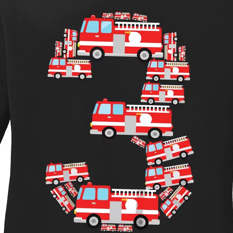 Kids Fire Truck 3rd Birthday Boy 3 Year Old Firefighter Ladies Long Sleeve Shirt