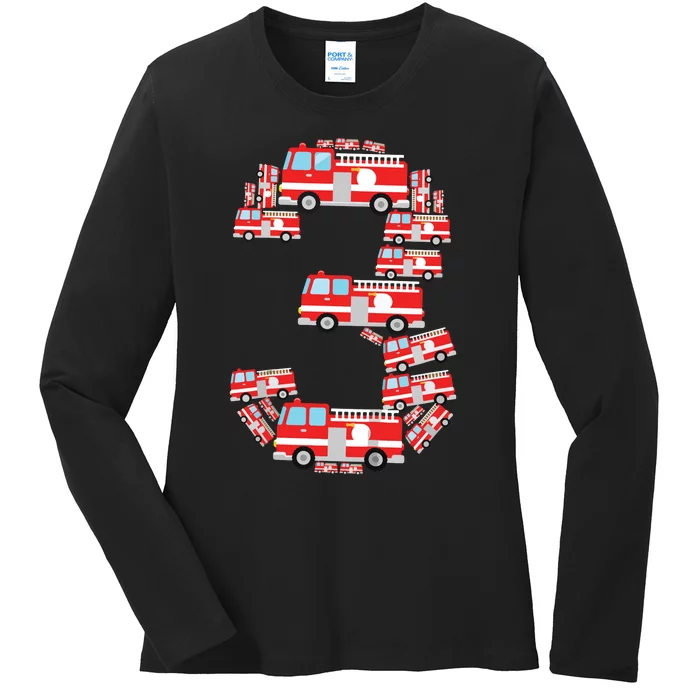 Kids Fire Truck 3rd Birthday Boy 3 Year Old Firefighter Ladies Long Sleeve Shirt