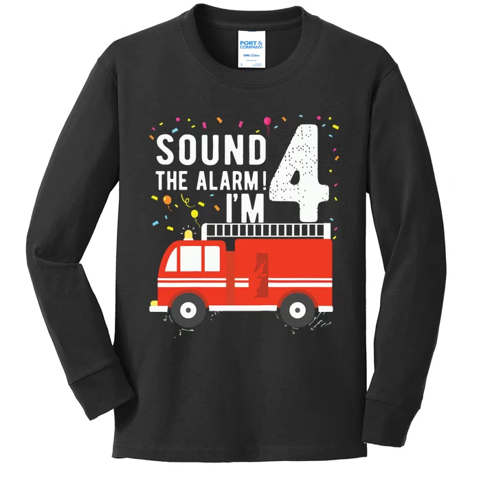 Kids Fire Truck 4th Birthday Boy 4 Year Old Firefighter Kids Long Sleeve Shirt