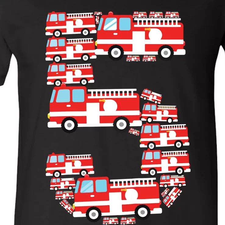 Kids Fire Truck 5th Birthday Boy 5 Year Old Firefighter V-Neck T-Shirt