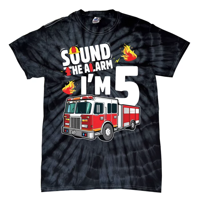 Kids Fire Truck 5th Birthday Boy Firefighter 5 Year Old Tie-Dye T-Shirt