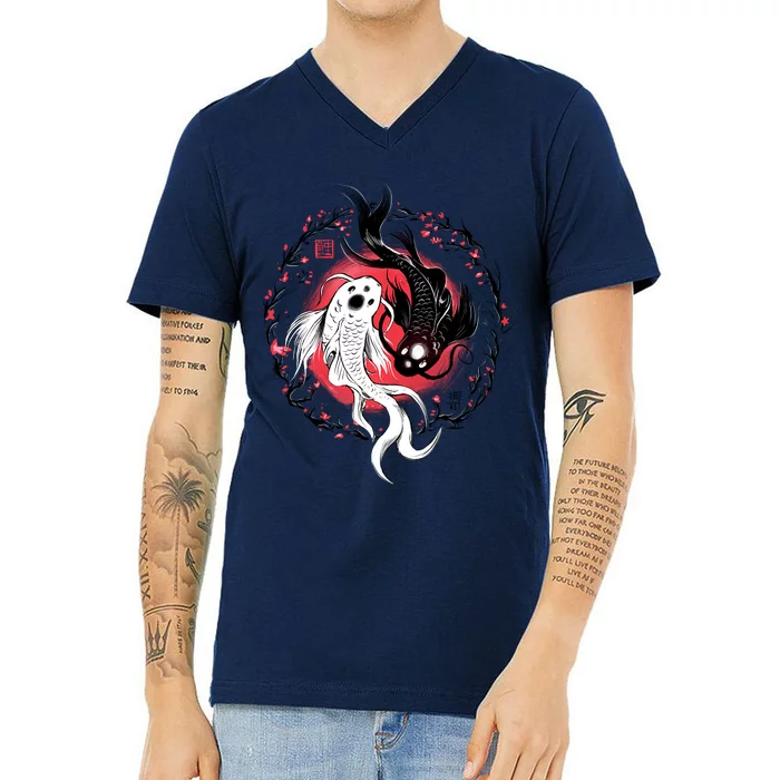 Koi Fish Ying Yang Japanese V-Neck T-Shirt