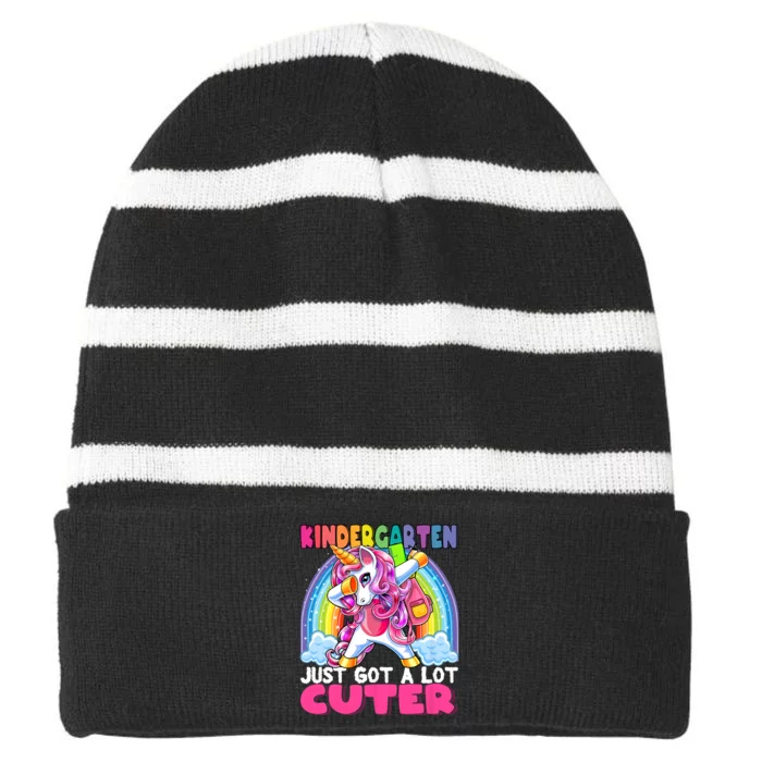 Kindergarten Got Cuter Dabbing Unicorn Back To School Striped Beanie with Solid Band