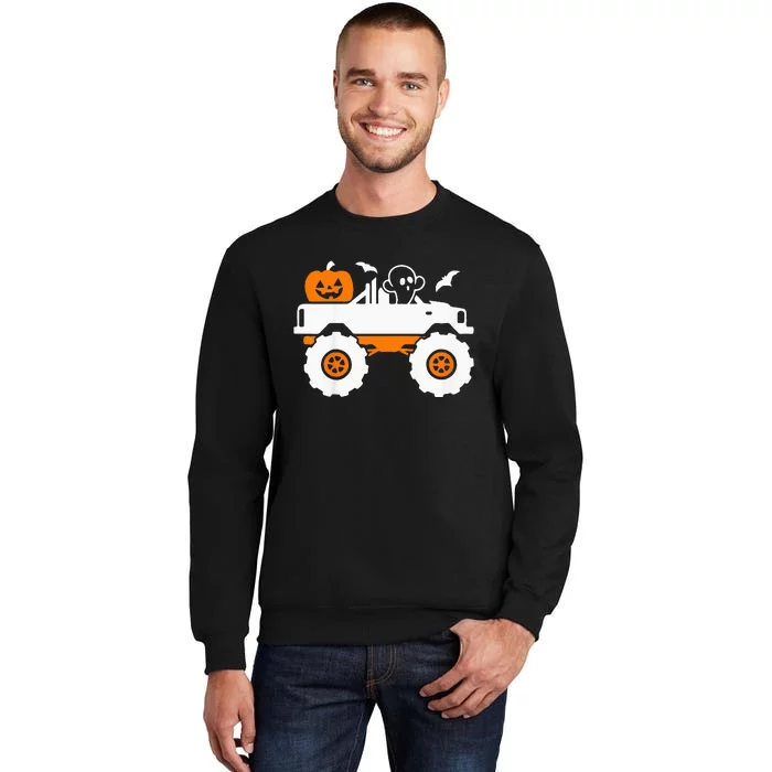 Kids Ghost Pumpkin Riding Monster Truck Lazy Halloween Costume Sweatshirt