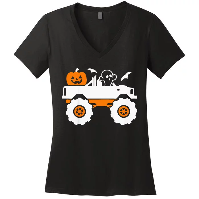 Kids Ghost Pumpkin Riding Monster Truck Lazy Halloween Costume Women's V-Neck T-Shirt