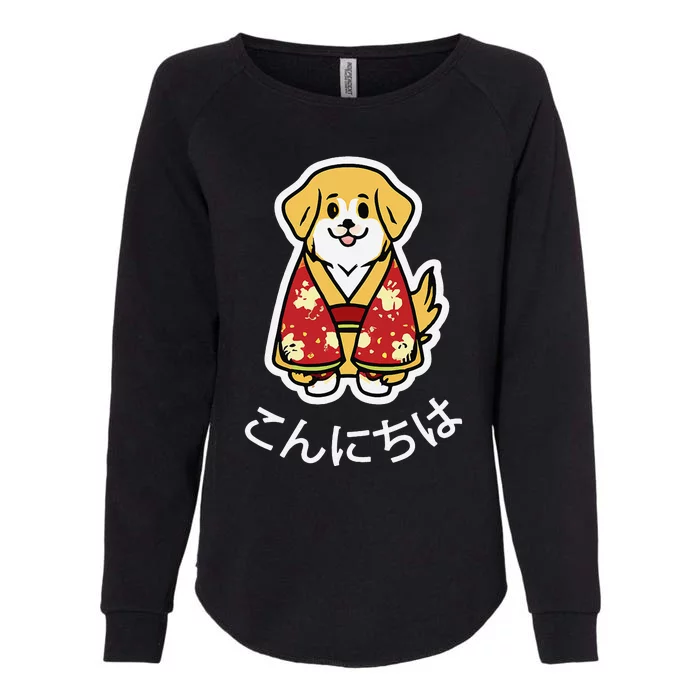 Konnichiwa Golden Retriever Dog Japanese Puppy Womens California Wash Sweatshirt